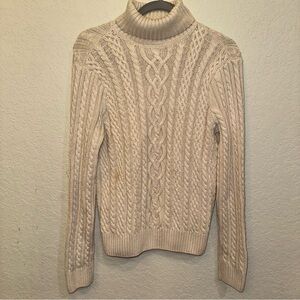 Jeanne Pierre Large Tan Cable Knit 100% Cotton Turtleneck Casual Winter Sweater
